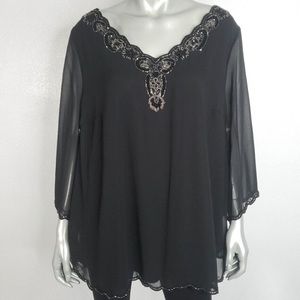 Sheer layered black sparkling bead trim bell sleeve tunic blouse size 20w